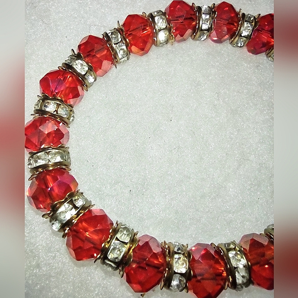 Red Siam Faceted Beads Bracelet w/ White Crystal Rondelle Spacers